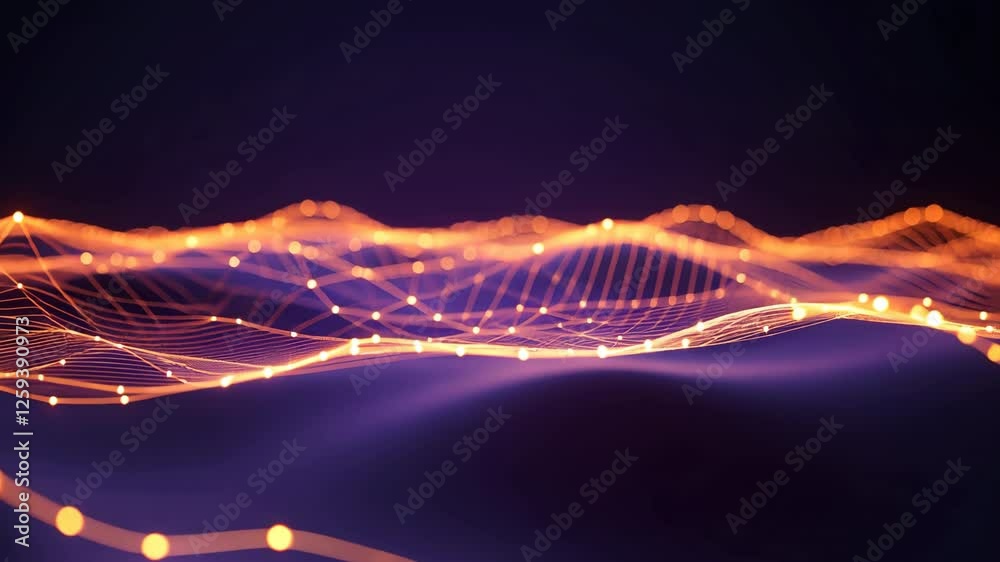 Poster abstract wave of glowing orange lines and dots on dark background futuristic network design with dyn