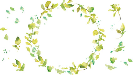 水彩画。水彩タッチのユーカリのベクターイラスト。水彩で描いた葉っぱの装飾フレーム。Watercolor painting. Vector illustration of eucalyptus with watercolor touch. Decorative frame with leaves painted in watercolor.