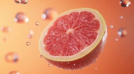Juicy grapefruit half levitates, water droplets fall, orange background, food advertising