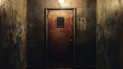 fire exit door in a vintage building, showing age with chipped paint and rust,