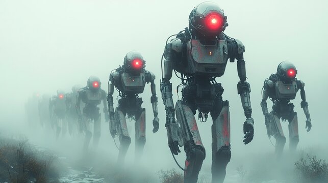 Squad of humanoid military robots patrolling through a misty forest, red sensor eyes glowing, camouflage plating adapting to surroundings