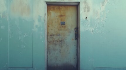 fire exit door located in a vintage, old building, showing its aged metal frame and peeling paint