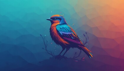 Vibrant Colorful Bird Perched on Branch, Abstract Polygonal Art, Digital Painting