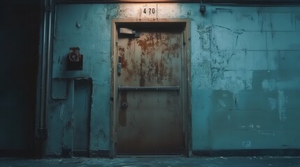 Naklejka premium fire exit door located in a vintage, old building, showing its aged metal frame and peeling paint
