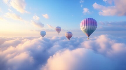 Fototapeta premium Colorful hot air balloons soar above a sea of clouds at sunrise, ideal for travel brochures
