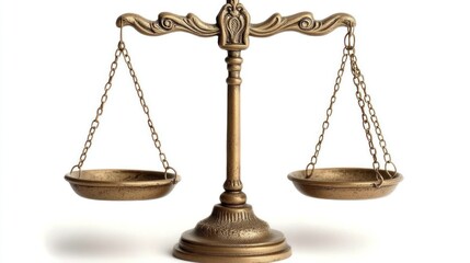 Brass scales balance justice, white background, legal concept