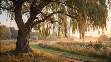 Fototapeta premium Elegant Willow Gown: Nature's Grace in Golden Hour Photography