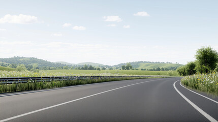 Fototapeta premium Asphalt Road Curves Through Summer Landscape: An empty asphalt road curves gently through a picturesque summer landscape, with rolling green hills, lush vegetation, and a clear blue sky.