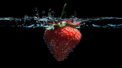 Ripe strawberry submerging in water, black background, splash, food photography