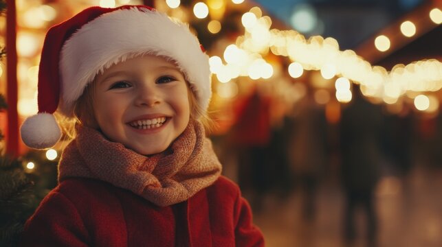 Santa hat on a happy child at a Christmas market. A joyful scene. Emphasizing holiday cheer and excitement. Ideal for family Christmas promotions.