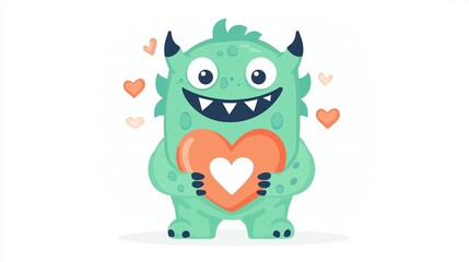 Obraz premium Adorable green monster holding heart fun character illustration whimsical environment playful concept