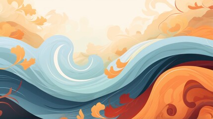 Crisp Autumn Air. Vibrant Abstract Art with Orange, Red, and Blue Fall Leaves, Geometric Shapes, and Overlapping Patterns