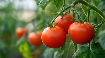 Ripe Tomato Cluster on Vine in Greenhouse Sunlight Fresh Healthy and Vibrant