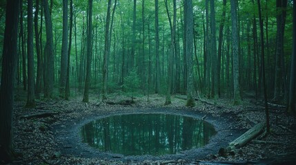 Serene forest scene featuring a tranquil circular pond surrounded by lush greenery and trees