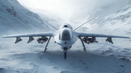 Naklejka premium Military drone robot hovering above arctic terrain, scanning for threats, snow swirling around its armored frame
