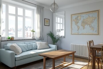 Fototapeta premium Cozy apartment living room with city view