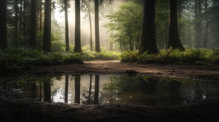 Serene forest scene with mist, reflecting pool, and lush greenery creating a tranquil atmosphere