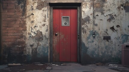 old fire exit door, with a backdrop of peeling walls and cracked flooring, capturing the essence
