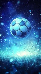 Naklejka premium A luminous soccer ball floats above a sparkling field