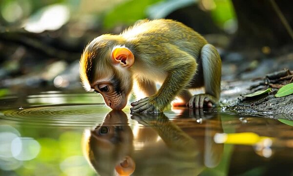 Young monkey drinking water from a serene forest pond