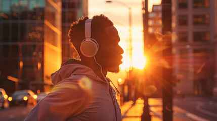 Fototapeta premium Man enjoying music at sunset in the city