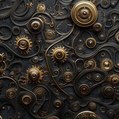 Intricate Arrangement of Metallic Gears and Cogs on Dark Background