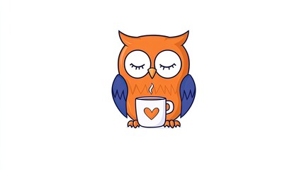 Obraz premium Cute cartoon owl with closed eyes holding a coffee cup, symbolizing relaxation and comfort
