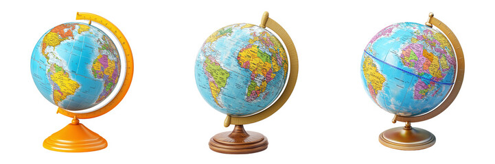 Collection of vibrant cartoon-style globe with fun stand isolated on a white or transparent background.