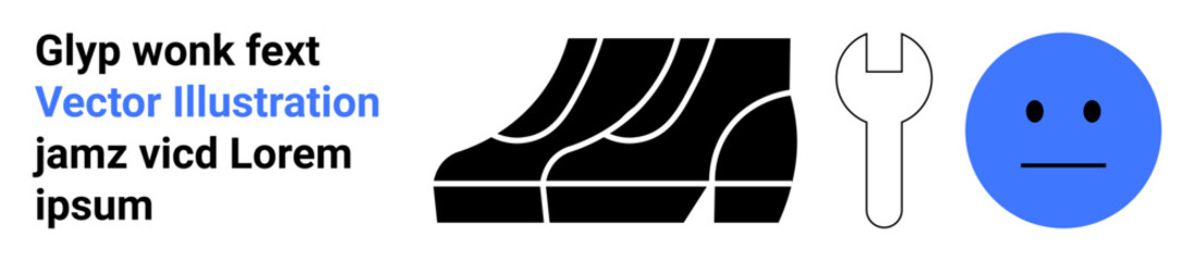 Black abstract shoe design, wrench tool, and blue neutral emoticon face symbol. Ideal for technology, fashion, maintenance, repair, creativity, emoticon interfaces flat landing page banner