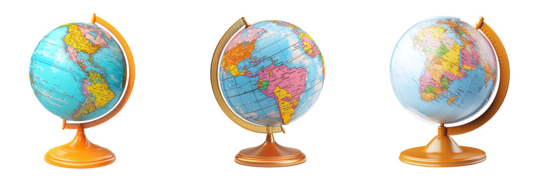 Fototapeta Collection of vibrant cartoon-style globe with fun stand isolated on a white or transparent background.
