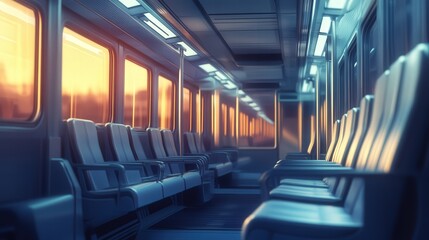 empty train cabin, the seats neatly arranged with soft shadows cast by the overhead lights.