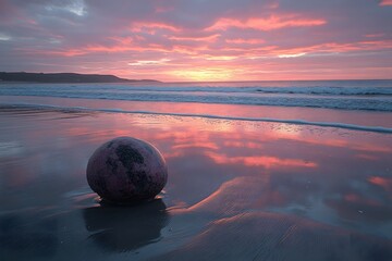 Obraz premium Serene Beach at Sunset with a Round Buoy Reflecting the Sky and Gentle Waves Rolling In