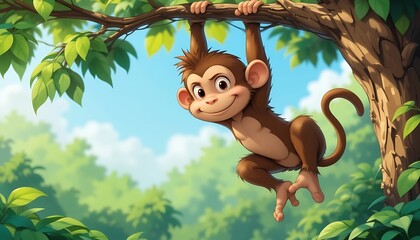 Adorable Cartoon Monkey Hanging from a Lush Green Tree Branch in a Sunny Jungle