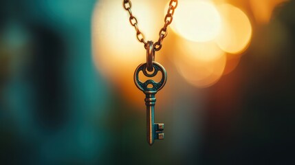 key pendant hanging from a neck, with the fine texture and subtle shine of the key standing out against the blurred background.