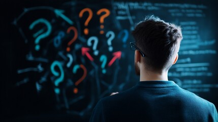 Man contemplating problem solutions on blackboard