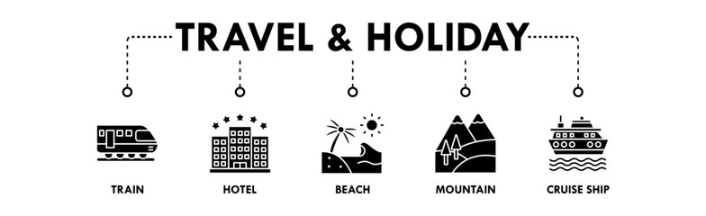 Obraz premium Travel and Holiday banner web icon illustration concept with icon of train, hotel, beach, mountain, and cruise ship