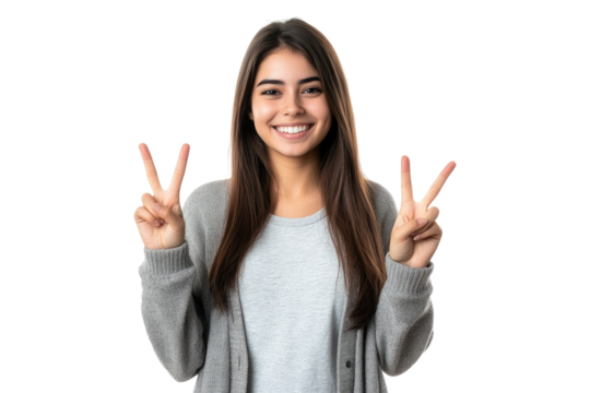 Smiling teenage girl showing peace sign isolated on white or transparent, PNG - Powered by Adobe