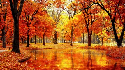 Fototapeta premium Vibrant autumn landscape with golden trees reflecting in a serene lake under a clear sky