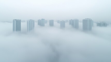 Fototapeta premium Foggy city skyscrapers, aerial view, urban landscape, atmospheric mood, stock photo