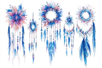 Fototapeta premium A collection of decorative dreamcatchers in blue and pink watercolor style.