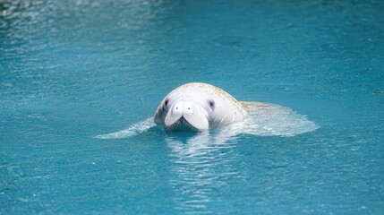 Naklejka premium Manatee swimming in blue water, zoo enclosure background, wildlife conservation