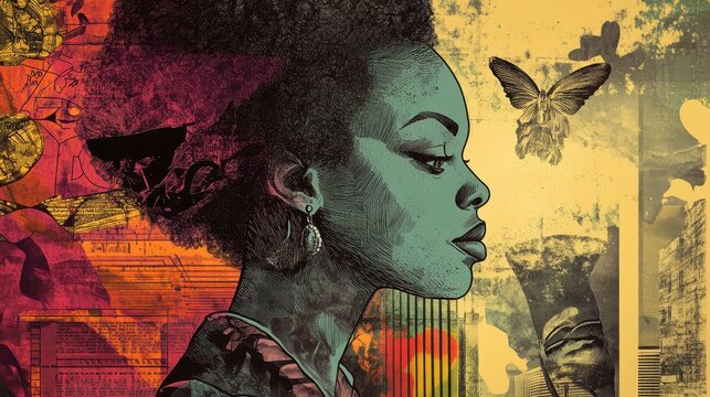 An african american woman is depicted in a colorful collage