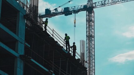 Construction workers. Building a high-rise structure. Emphasizing teamwork and engineering. Ideal for architectural project showcases.