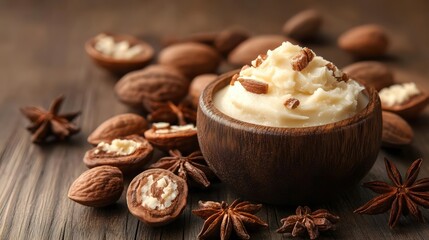 Fototapeta premium Creamy Dessert in Wooden Bowl with Nuts and Anise on Rustic Wooden Surface Still Life