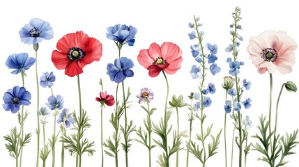 Obraz premium Watercolor Floral Arrangement with Poppy and Delphinium for Springtime Design