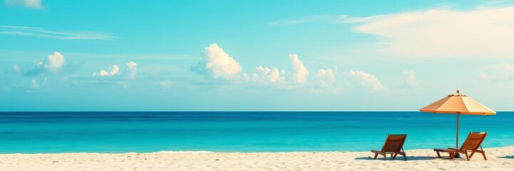 Beach scene with two chairs and striped umbrella overlooking calm blue ocean and sky, beach,...