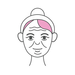 A simple, minimalistic line illustration of an elderly woman with wrinkles, wearing a headband for a skincare routine.