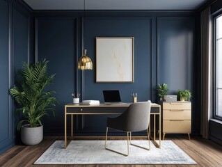 Fototapeta premium Elegant home office, dark blue walls, gold accents, laptop, natural light