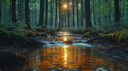 Obraz premium Golden sunlight illuminates a forest stream flowing through trees