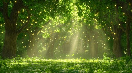 Fototapeta premium Enchanted Forest with Soft Sunlight Filtering Through Lush Green Canopy and Glowing Yellow Butterflies